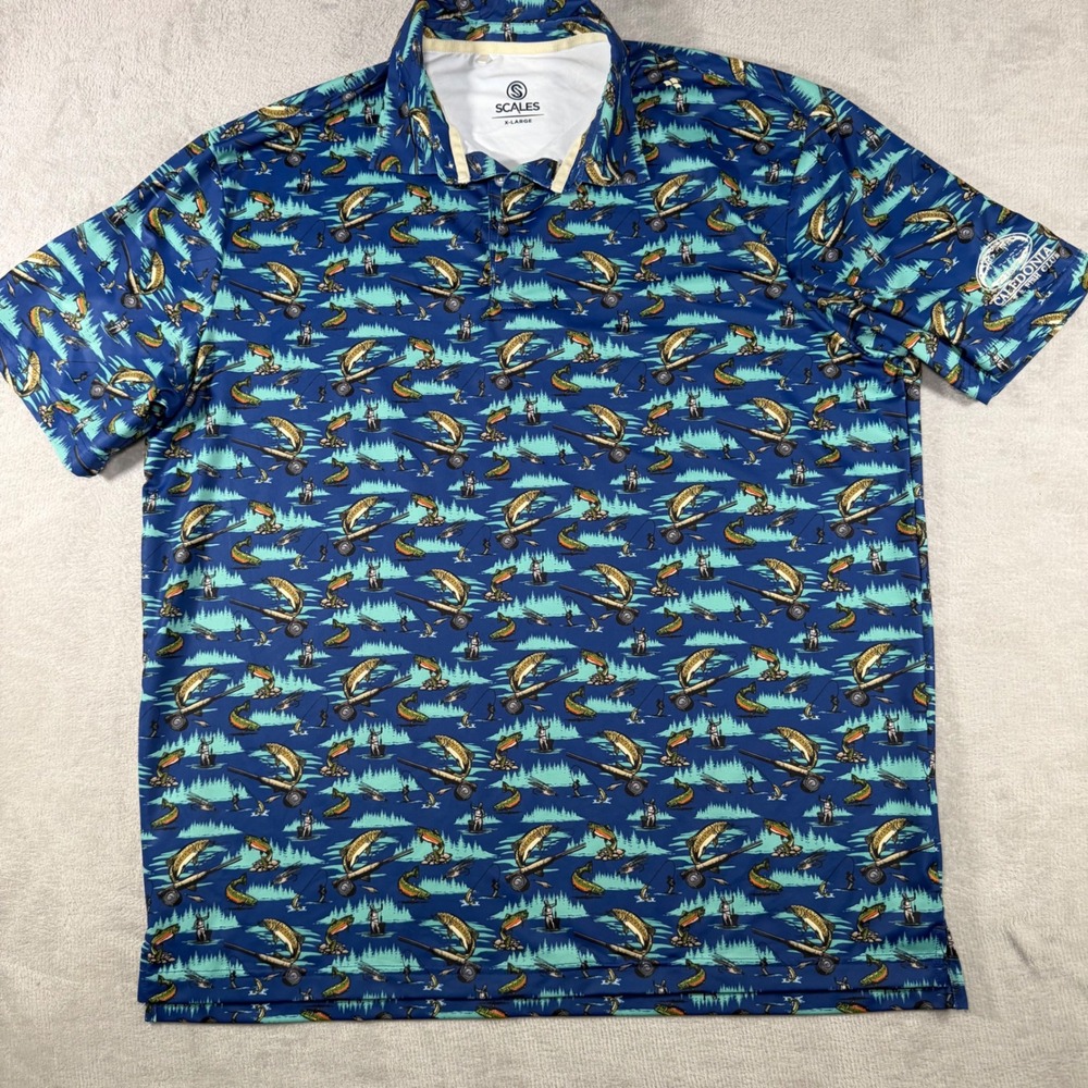 Scales Mens XL Performance Polo Shirt Fly Fishing Trout Caledonia Golf Fish Club